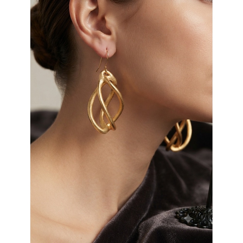 Gold Tone Double Helix Twist Drop Earrings Textured Matte Finish‎ Dangle
